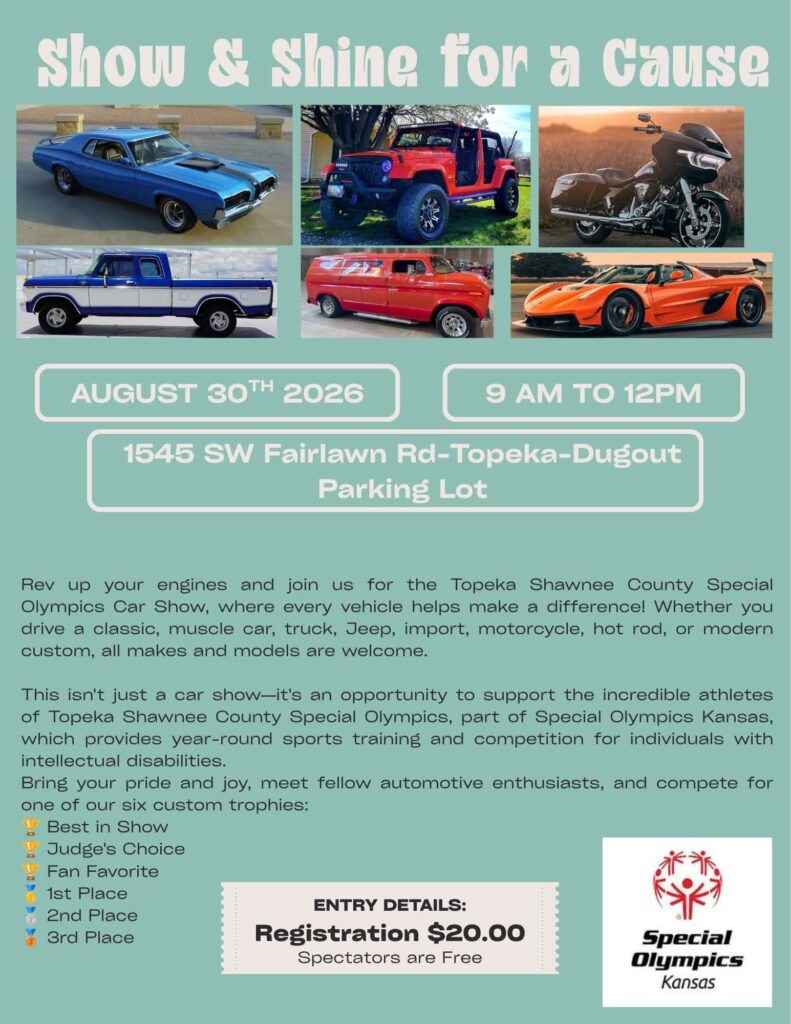 Show & Shine for a Cause event at Dugout Parking Lot in Topeka, KS on August 30, 2026