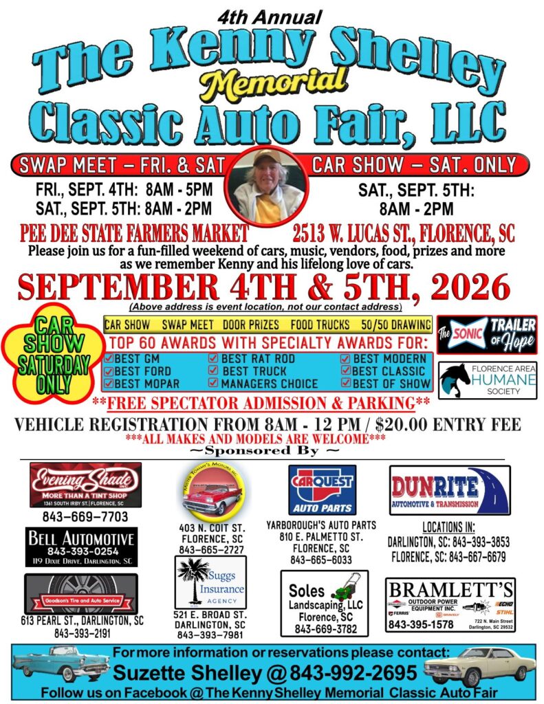 4th Annual Kenny Shelley Memorial Classic Auto Fair event at Pee Dee State Farmers Market in Florence, SC on September 4, 2026