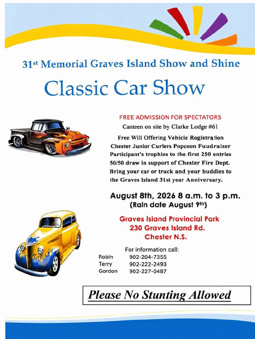 31st Memorial Graves Island Show and Shine event at Graves Island Provincial Park in Chester, NS on August 8, 2026