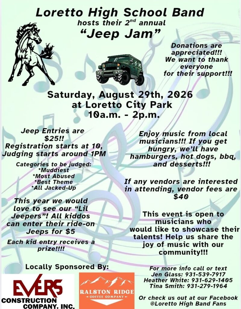 Loretto High School Band Jeep Jam event at Loretto City Park in Loretto, TN on August 29, 2026