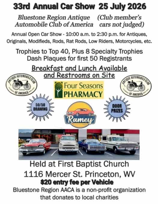 33rd Annual Car Show Bluestone Region Antique Automobile Club of America event at First Baptist Church in Princeton, WV on July 25, 2026