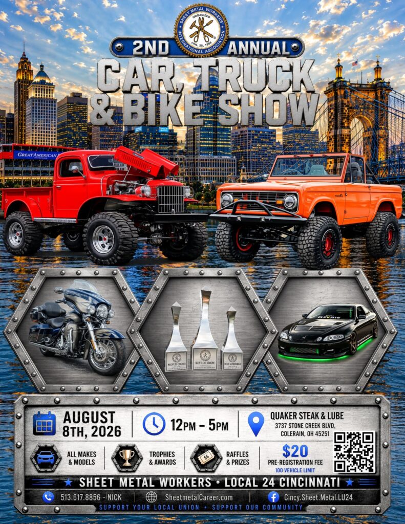Sheet Metal Workers Local 24 2nd Annual Car, Truck & Bike Show event at Quaker Steak & Lube in Colerain, OH on August 8, 2026