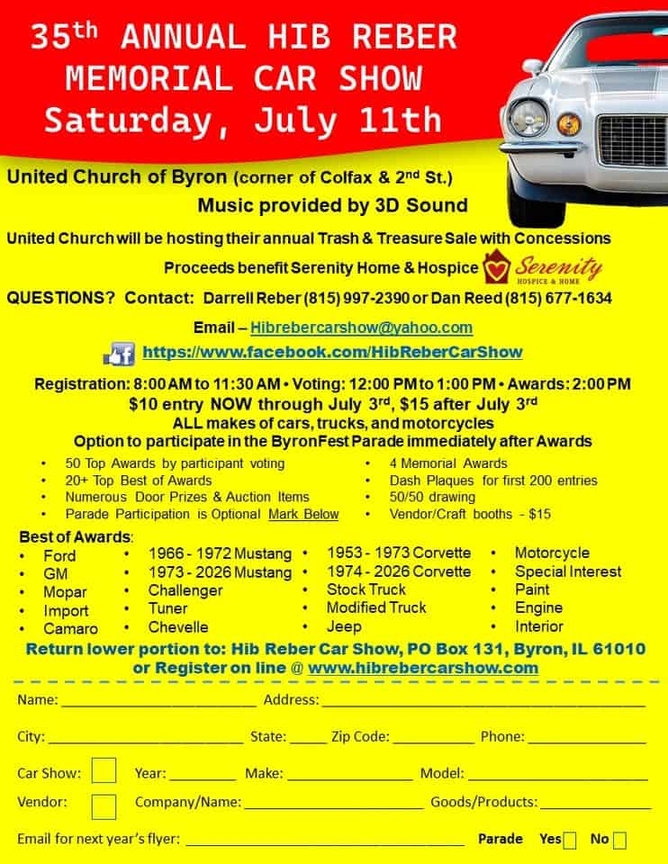 35th Annual Hib Reber Memorial Car Show event at United Church of Byron in Byron, IL on July 11, 2026