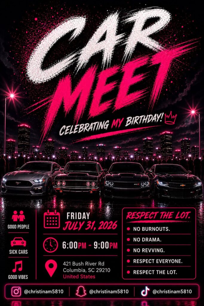 Car Meet @ 421 Bush River Rd event at 421 Bush River Rd in Columbia, SC on July 31, 2026