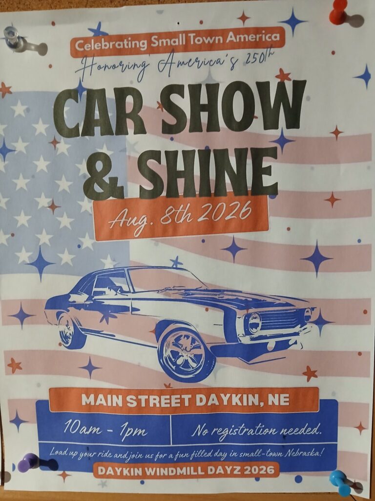 Daykin Windmill Dayz Car Show & Shine event at Main Street Daykin in Daykin, NE on August 8, 2026