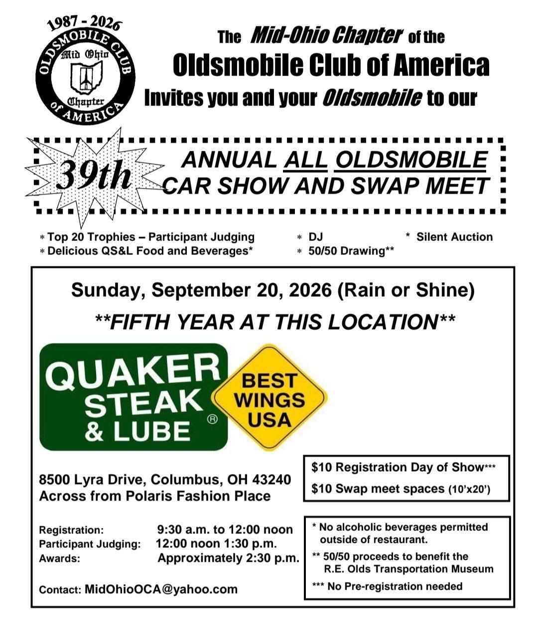 39th Annual All Oldsmobile Car Show and Swap Meet event at Quaker Steak & Lube in Columbus, OH on September 20, 2026