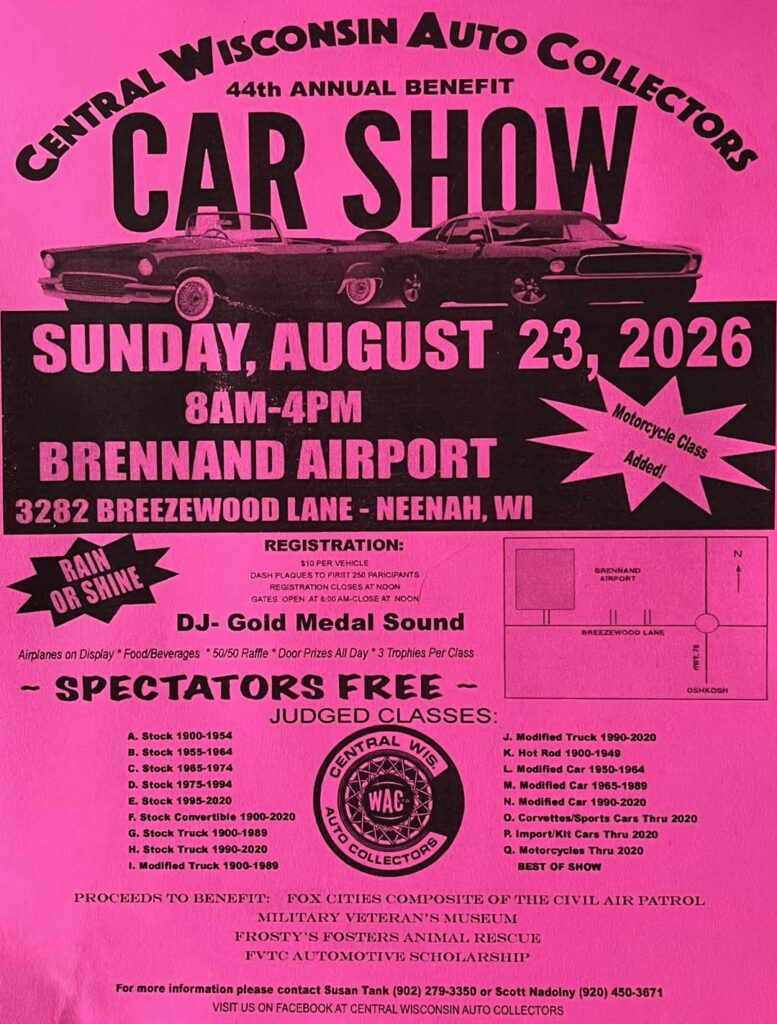 Central Wisconsin Auto Collectors 44th Annual Benefit Car Show event at Brennand Airport in Neenah, WI on August 23, 2026