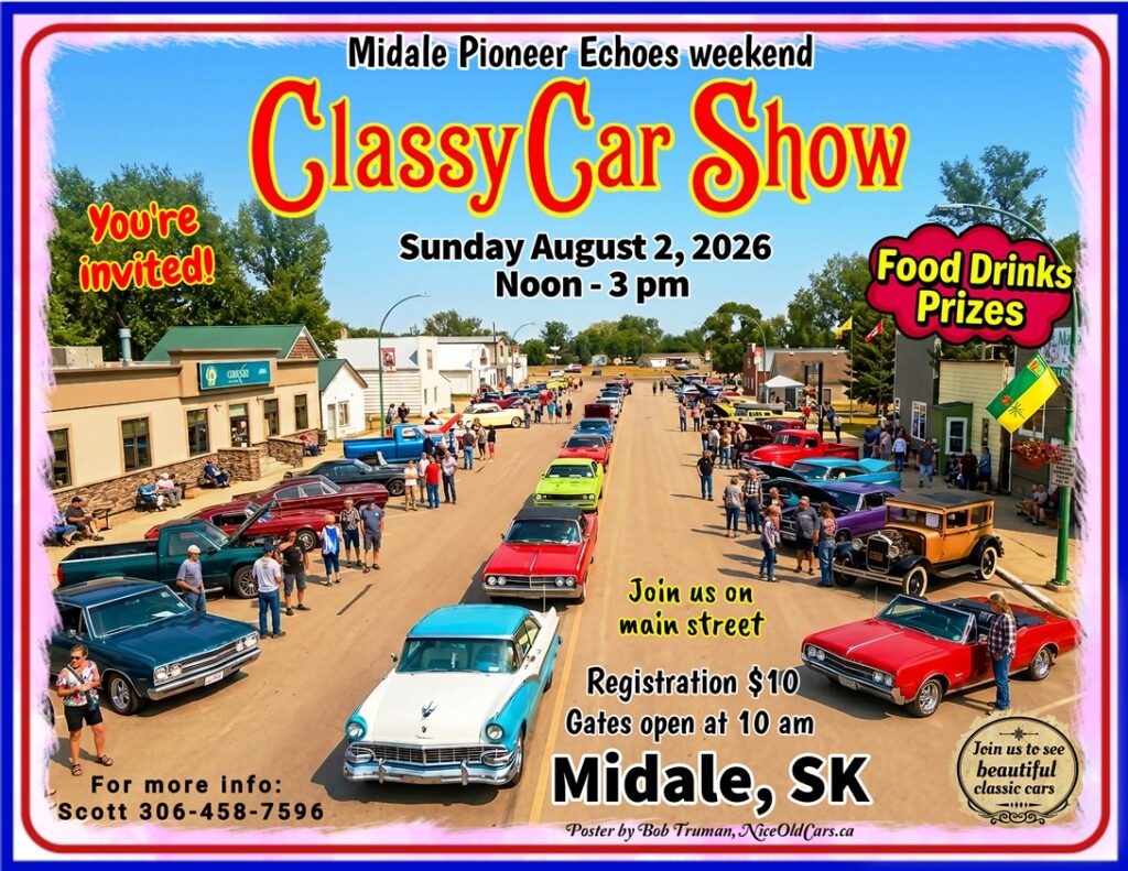 Midale Pioneer Echoes Weekend Classy Car Show event at Main Street in Midale, SK on August 2, 2026