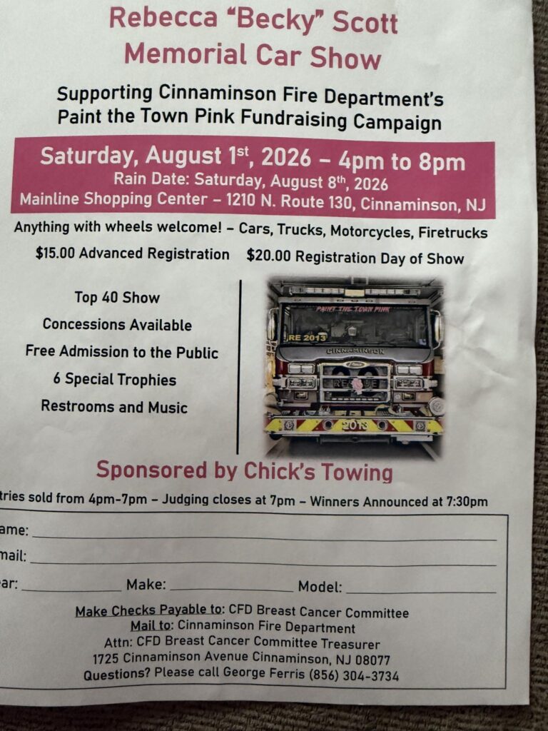 Rebecca 'Becky' Scott Memorial Car Show event at Mainline Shopping Center in Cinnaminson, NJ on August 1, 2026