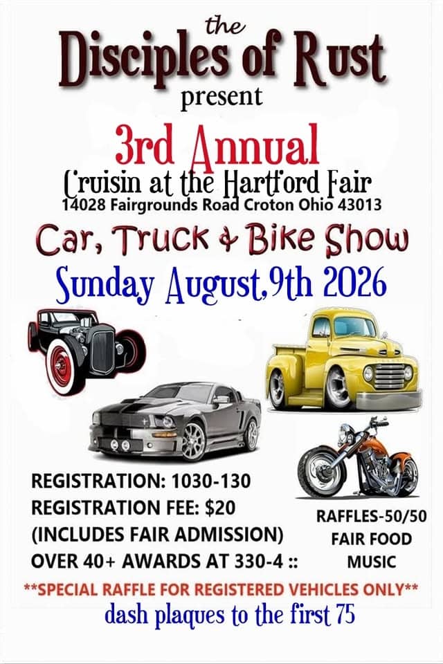 3rd Annual Cruisin' at the Hartford Fair Car, Truck & Bike Show event at Hartford Fairgrounds in Croton, OH on August 9, 2026