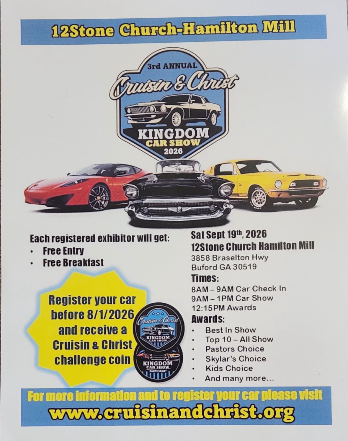 3rd Annual Cruisin & Christ Kingdom Car Show event at 12Stone Church Hamilton Mill in Buford, GA on September 19, 2026