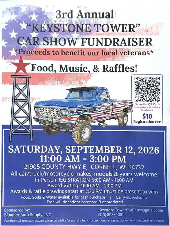 3rd Annual Keystone Tower Car Show event at 21905 County Hwy E in Cornell, WI on September 12, 2026