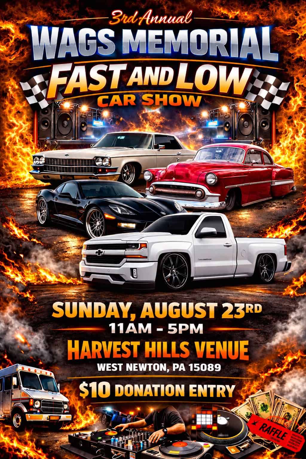 3rd Annual Wags Memorial Fast and Low Car Show event at Harvest Hills Venue in West Newton, PA on August 23, 2026