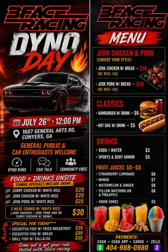3Face Racing Dyno Day event at 3Face Racing in Conyers, GA on July 26, 2026