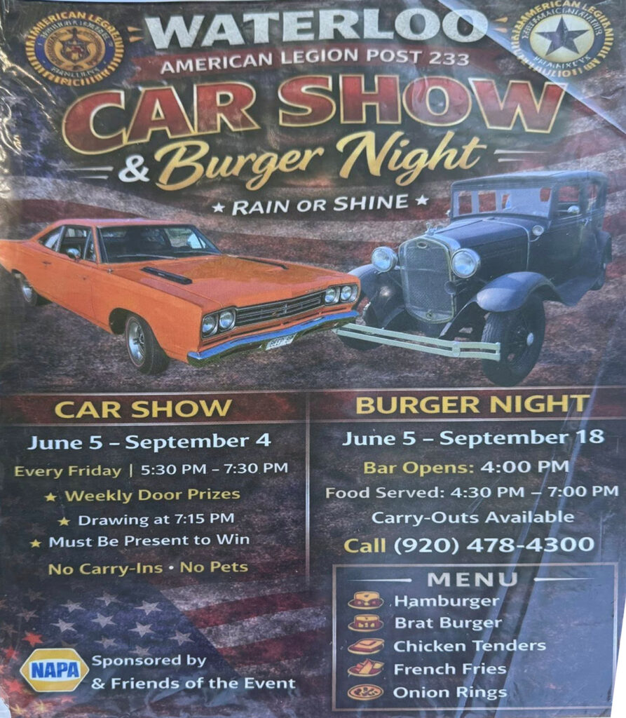 Waterloo American Legion Post 233 Car Show & Burger Night event at Waterloo American Legion Post 233 in Waterloo, WI on July 10, 2026
