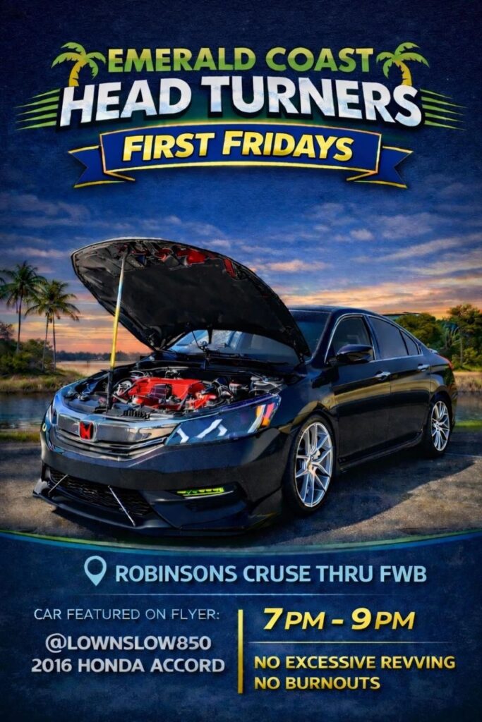 Emerald Coast Head Turners First Fridays Robinsons Cruise Thru FWB event at Robinsons in Fort Walton Beach, FL on August 7, 2026