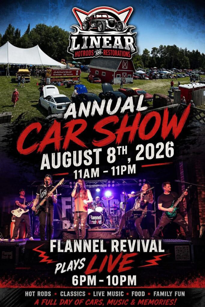 Linear Hotrods and Restorations Annual Car Show event at Linear Hot Rods & Restorations in Birnamwood, WI on August 8, 2026