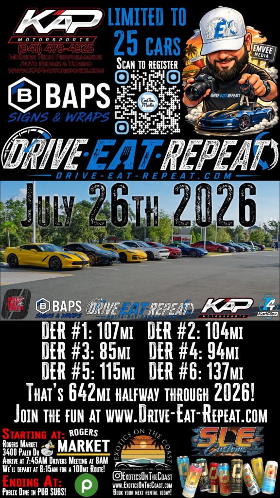 Drive Eat Repeat KAP Motorsports Car Rally event at Rogers Market in Sarasota, FL on July 26, 2026