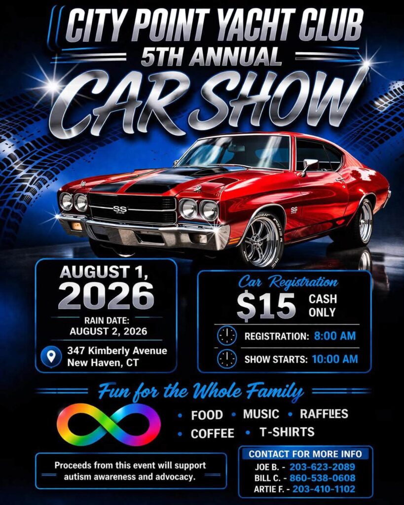 City Point Yacht Club 5th Annual Car Show event at City Point Yacht Club in New Haven, CT on August 1, 2026