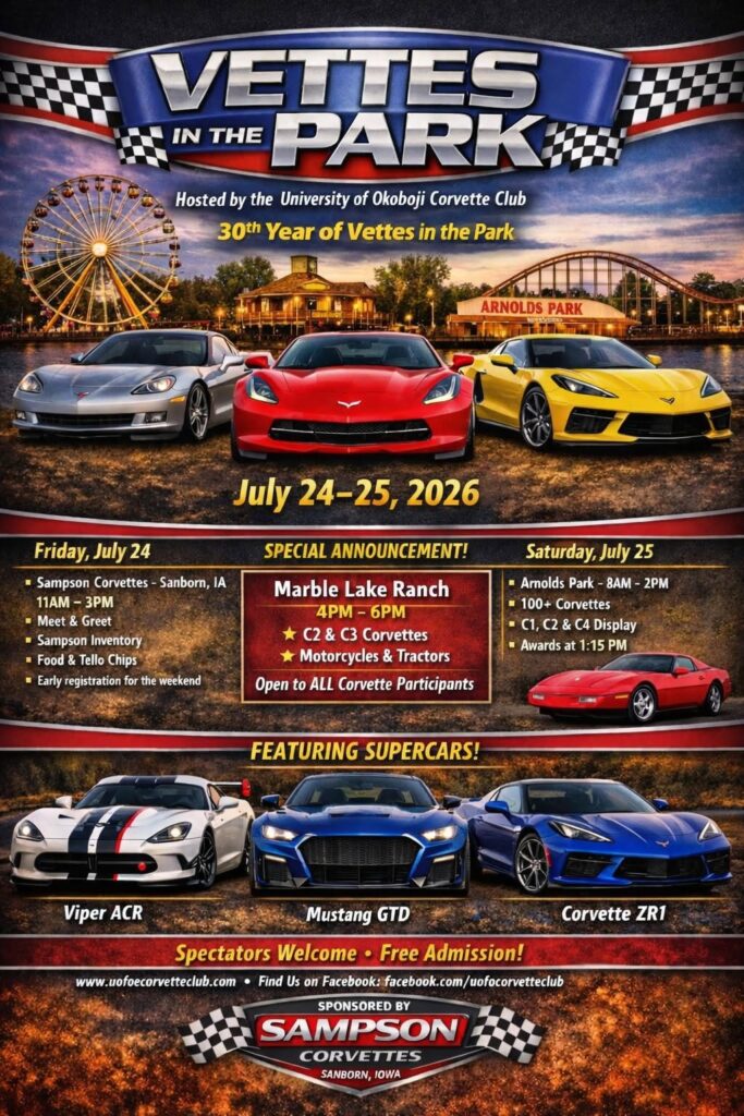 University of Okoboji Corvette Club Vettes in the Park event at Arnolds Park in Arnolds Park, IA on July 24, 2026
