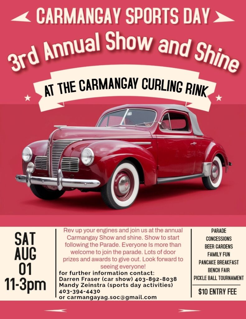 Carmangay Sports Day Show and Shine event at Carmangay Curling Rink in Carmangay, AB on August 1, 2026