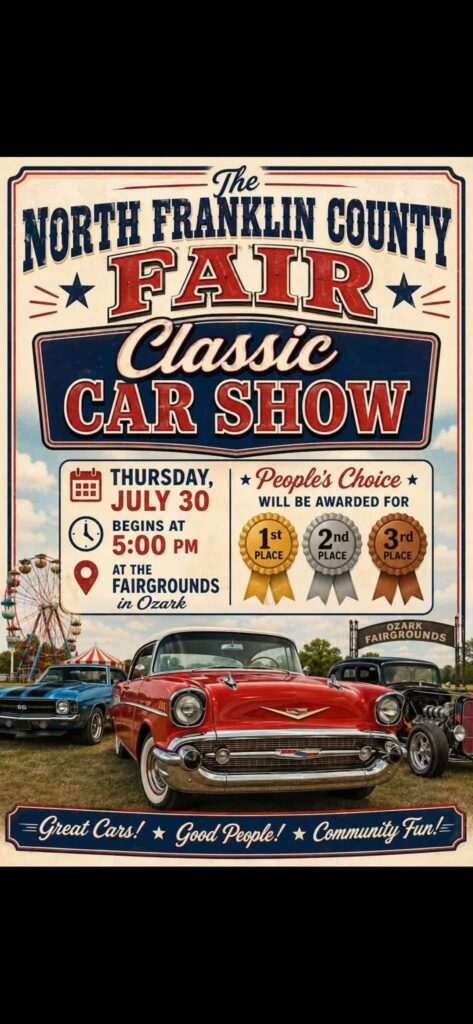 North Franklin County Fair Classic Car Show event at Fairgrounds in Ozark, AR on July 30, 2026
