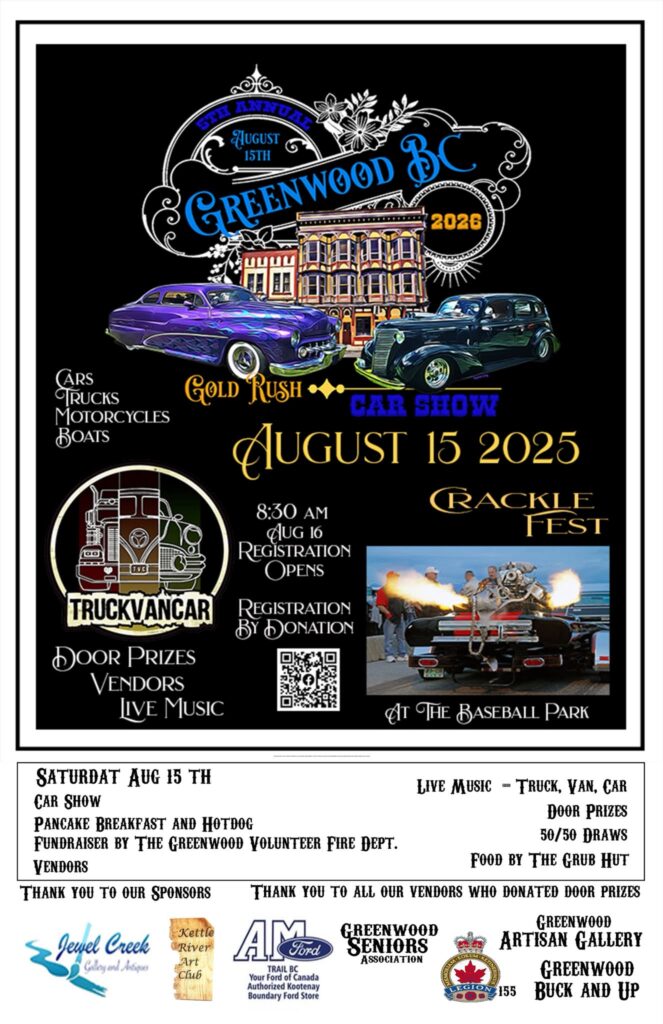 Greenwood Gold Rush Car Show event at Historic Greenwood in Greenwood, BC on August 15, 2026