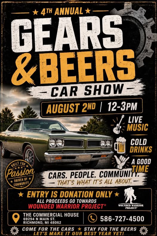 4th Annual Gears & Beers Car Show event at The Commercial House in Richmond, MI on August 2, 2026