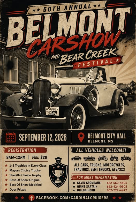 50th Annual Belmont Car Show and Bear Creek Festival event at Belmont City Hall in Belmont, MS on September 12, 2026