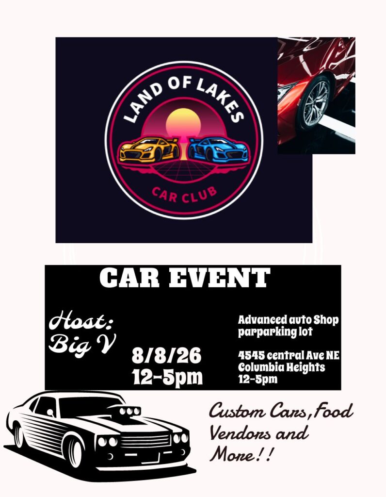 Land of Lakes Car Club Advanced Auto Shop Car Event event at Advanced Auto Shop in Columbia Heights, MN on August 8, 2026