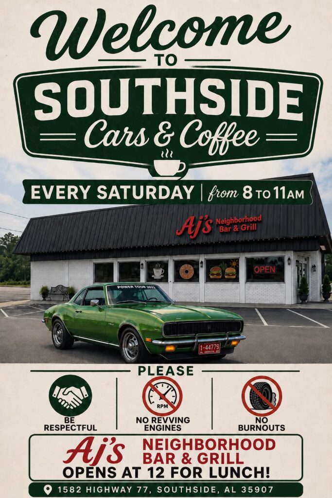AJ's Neighborhood Bar & Grill Southside Cars & Coffee event at AJ's Neighborhood Bar & Grill in Southside, AL on July 18, 2026