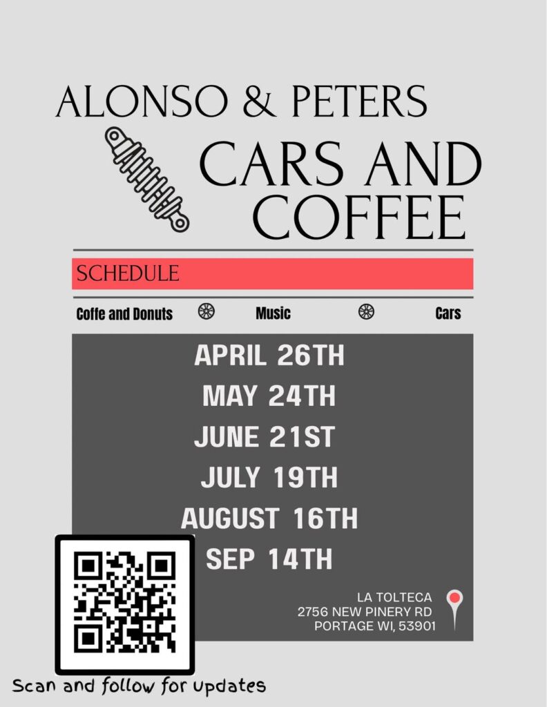 Alonso & Peters Cars and Coffee event at La Tolteca in Portage, WI on July 19, 2026