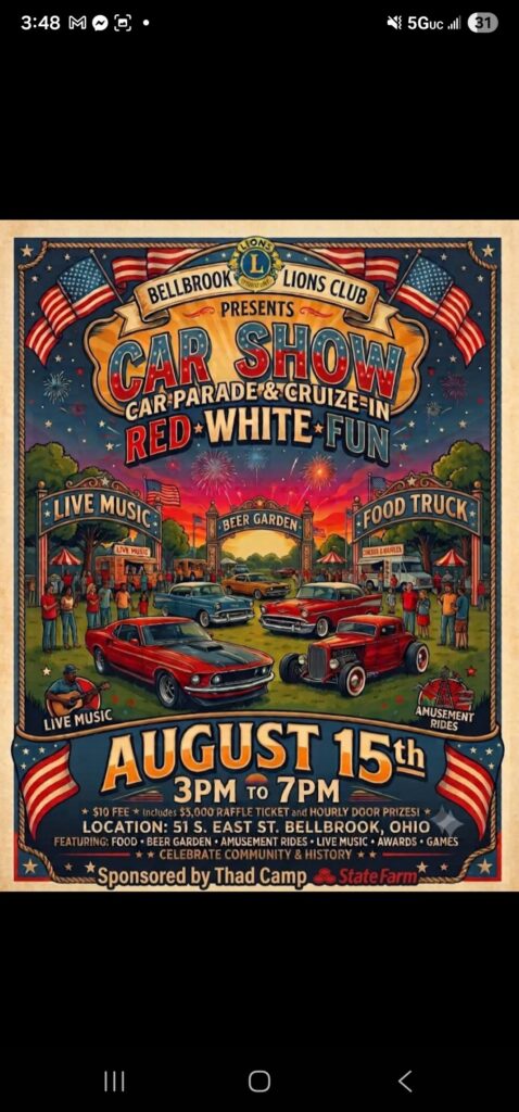 Bellbrook Lions Club Car Show event at 51 S. East St. in Bellbrook, OH on August 15, 2026