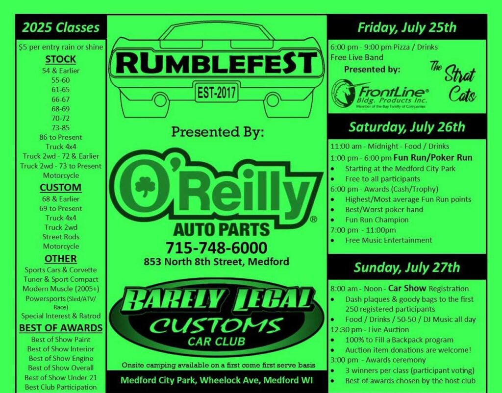 Barely Legal Customs Car Club Rumblefest event at Medford City Park in Medford, WI on July 25, 2026