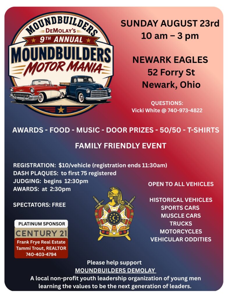 Moundbuilders DeMolay's Motor Mania event at Newark Eagles in Newark, OH on August 23, 2026