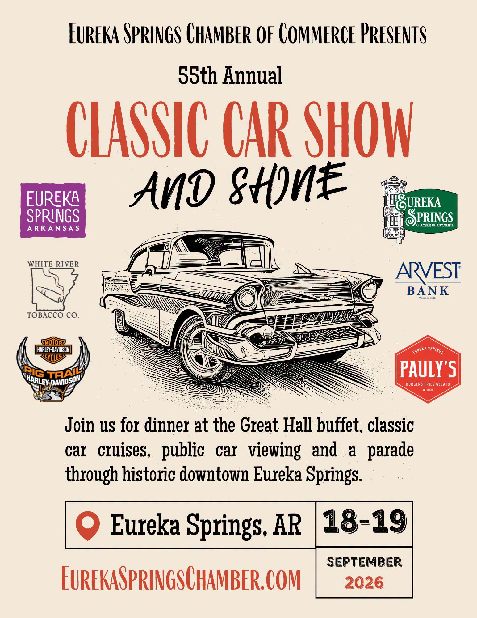 55th Annual Classic Car Show and Shine event at Downtown Eureka Springs in Eureka Springs, AR on September 18, 2026