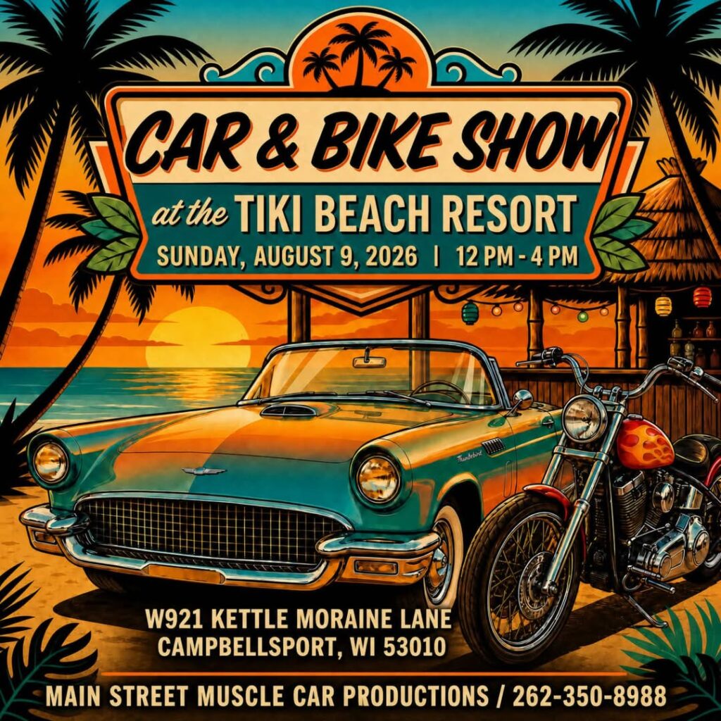 Main Street Muscle Car Productions Car & Bike Show at Tiki Beach Resort event at Tiki Beach Resort in Campbellsport, WI on August 9, 2026