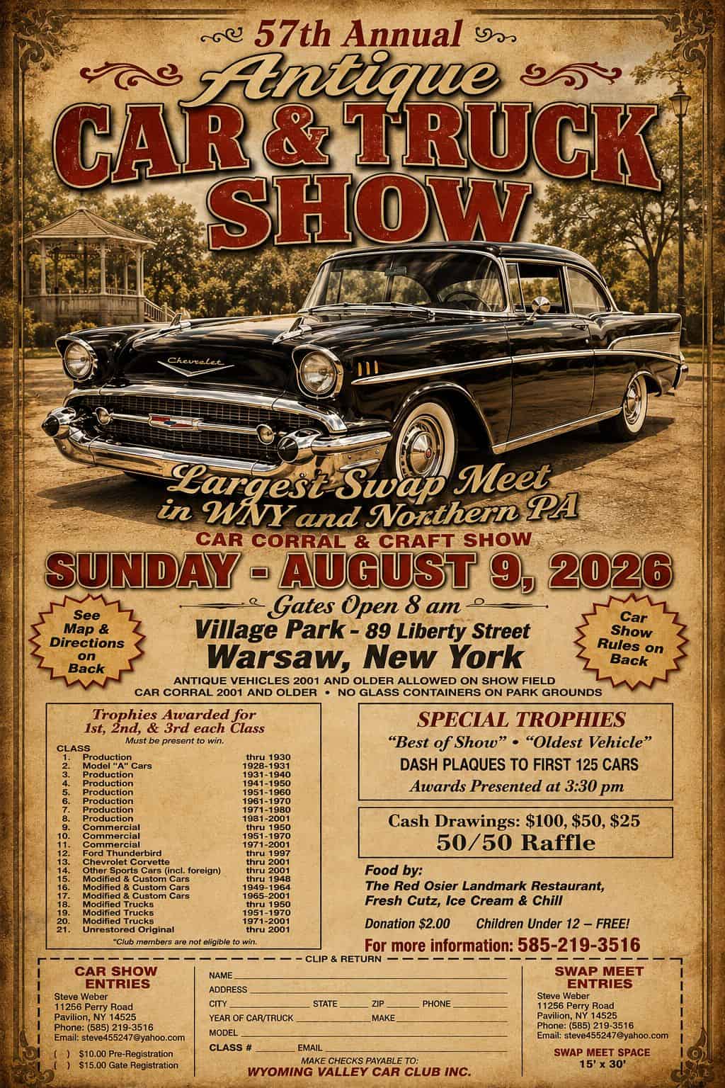 57th Annual Antique Car & Truck Show Wyoming Valley Car Club Inc. event at Village Park in Warsaw, NY on August 9, 2026