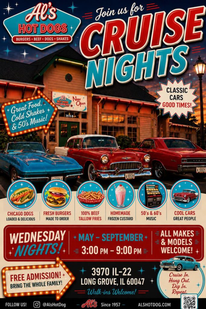 Cruise Nights at Al's Hot Dog event at Al's Hot Dog in Long Grove, IL on July 29, 2026