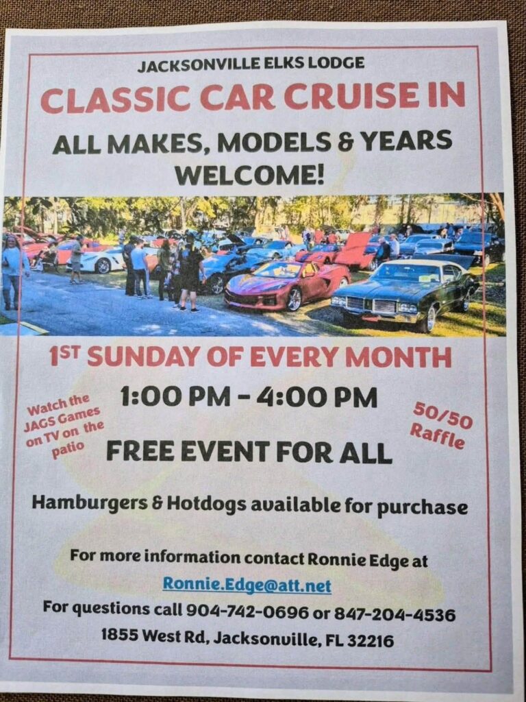Jacksonville Elks Lodge Classic Car Cruise in event at Jacksonville Elks Lodge in Jacksonville, FL on August 2, 2026