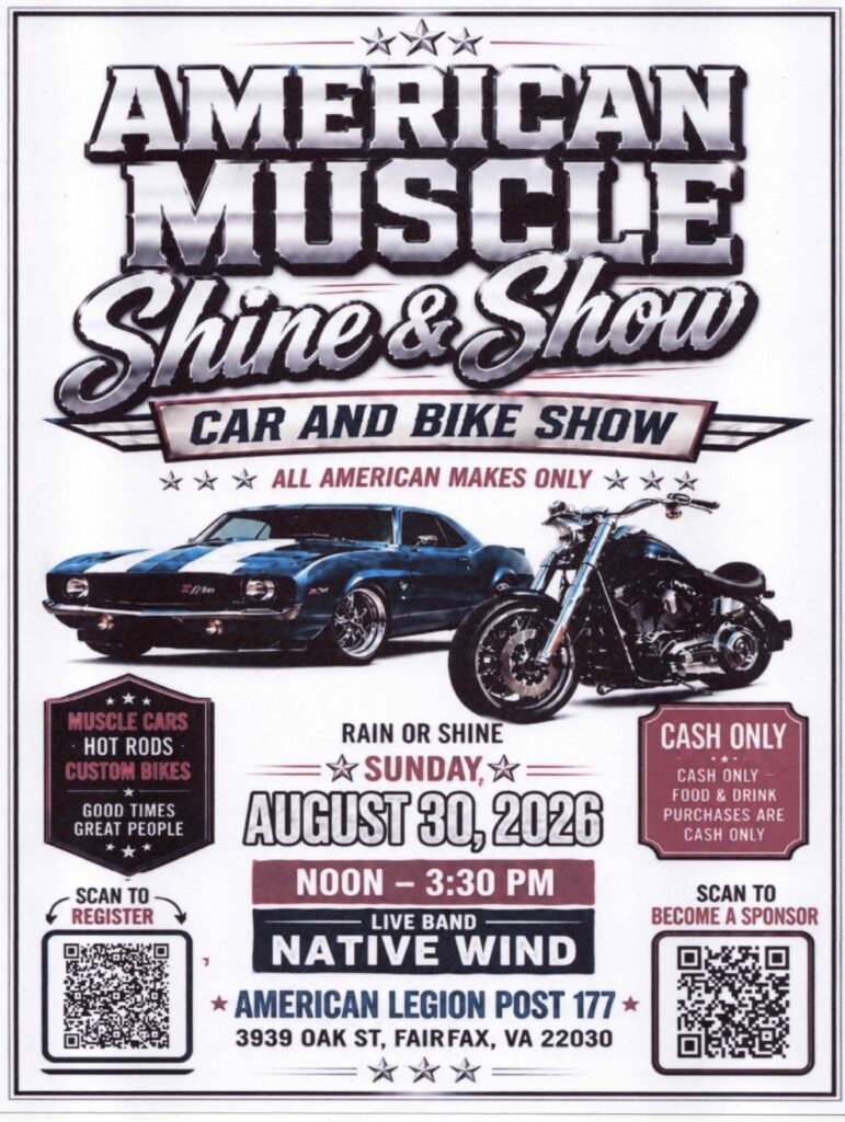 American Muscle Shine & Show Car and Bike Show event at American Legion Post 177 in Fairfax, VA on August 30, 2026