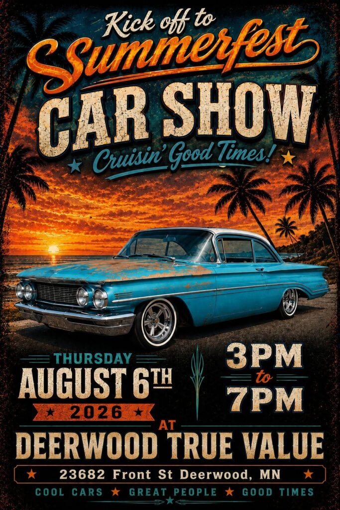 Deerwood True Value Kick Off to Summerfest Car Show event at Deerwood True Value in Deerwood, MN on August 6, 2026