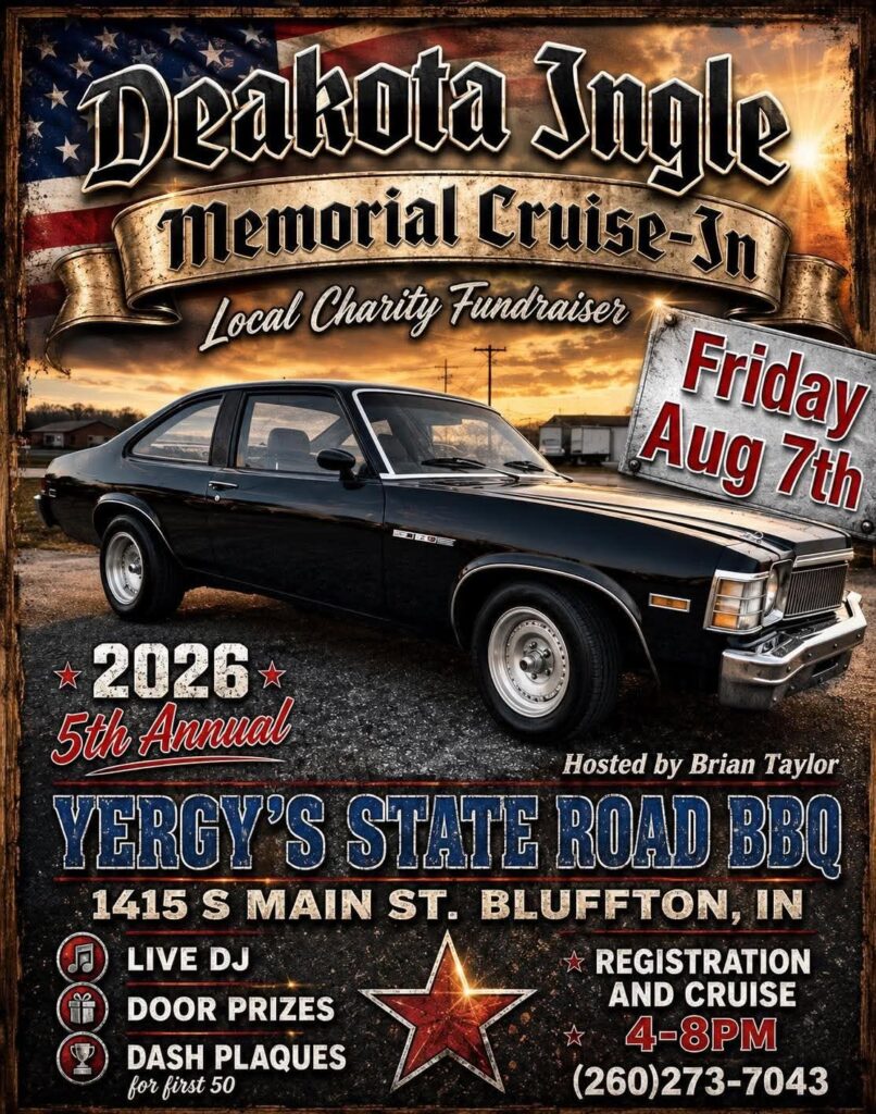Deakota Ingle Memorial Cruise-In at Yergy's State Road BBQ event at Yergy's State Road BBQ in Bluffton, IN on August 7, 2026