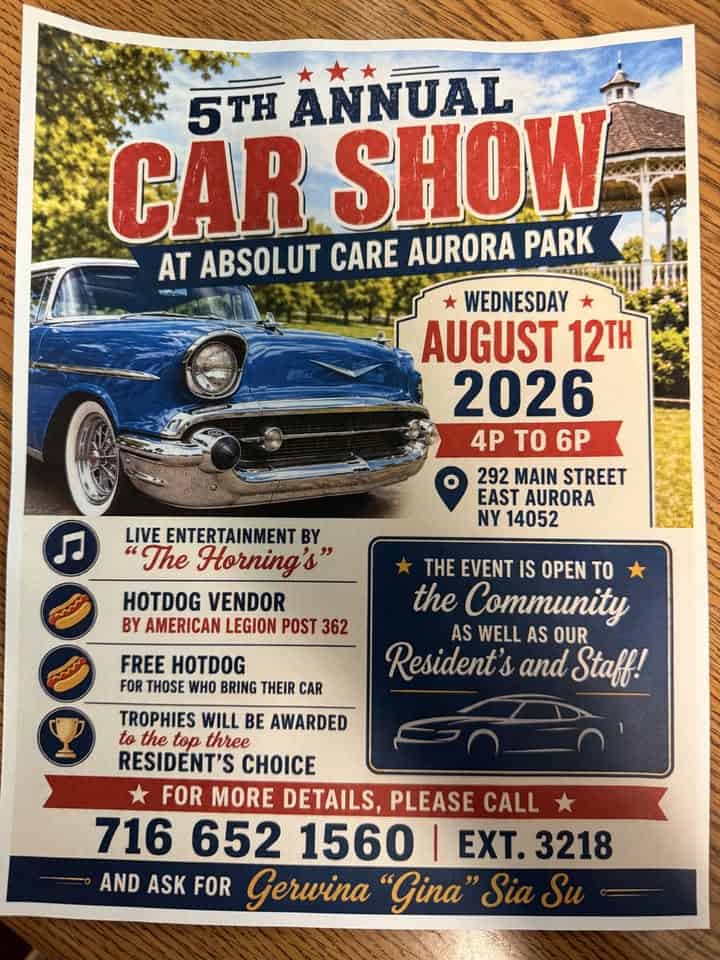 5th Annual Car Show at Absolut Care Aurora Park event at Absolut Care Aurora Park in East Aurora, NY on August 12, 2026