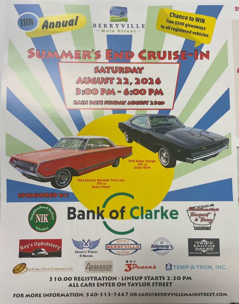 Berryville Main Street 11th Annual Summer's End Cruise-In event at Main Street in Berryville, VA on August 22, 2026