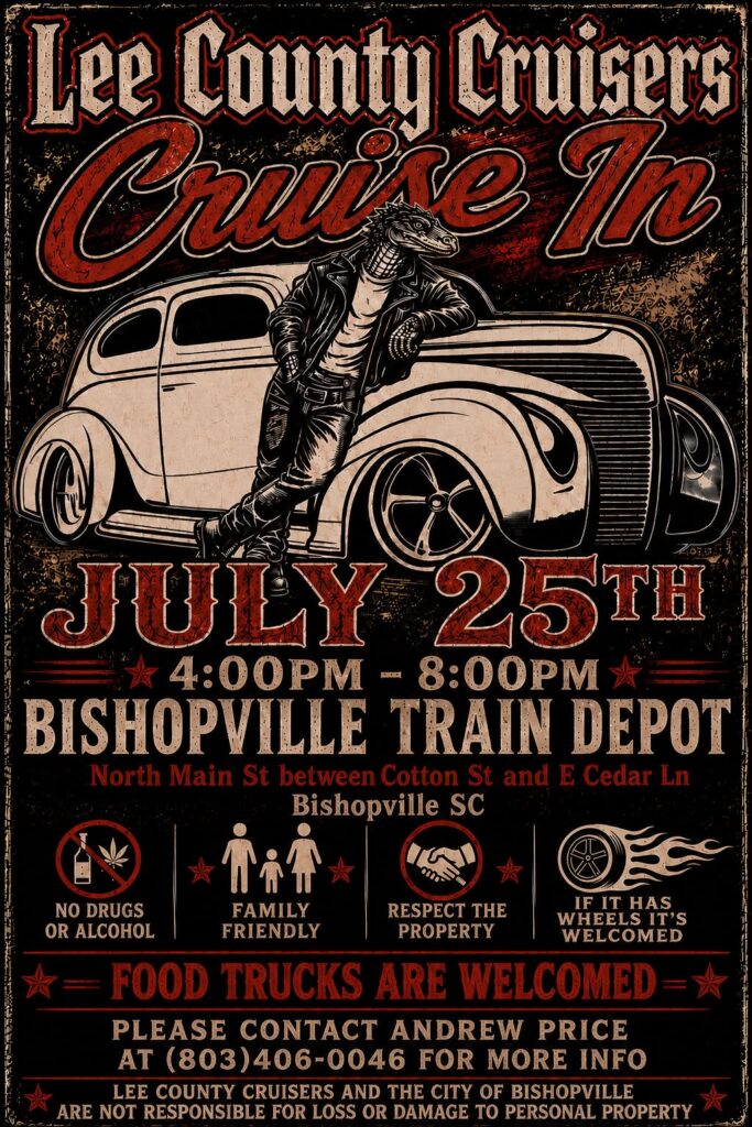 Lee County Cruisers Bishopville Train Depot Car Cruise event at Bishopville Train Depot in Bishopville, SC on July 25, 2026