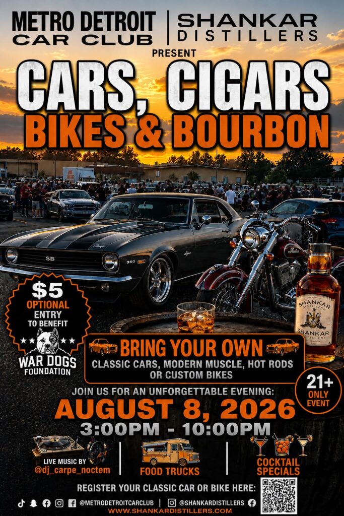 Cars, Cigars, Bikes & Bourbon event at Shankar Distillers in Osborne, MI on August 8, 2026