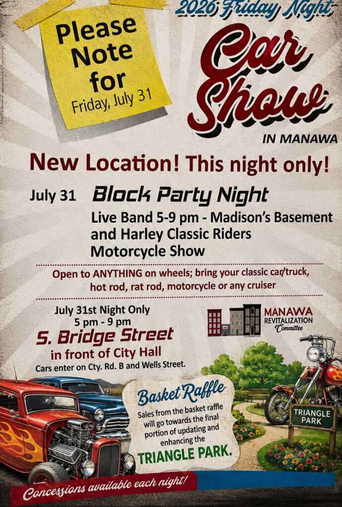 Manawa Revitalization Committee Friday Night Car Show event at S Bridge Street in Manawa, WI on July 31, 2026