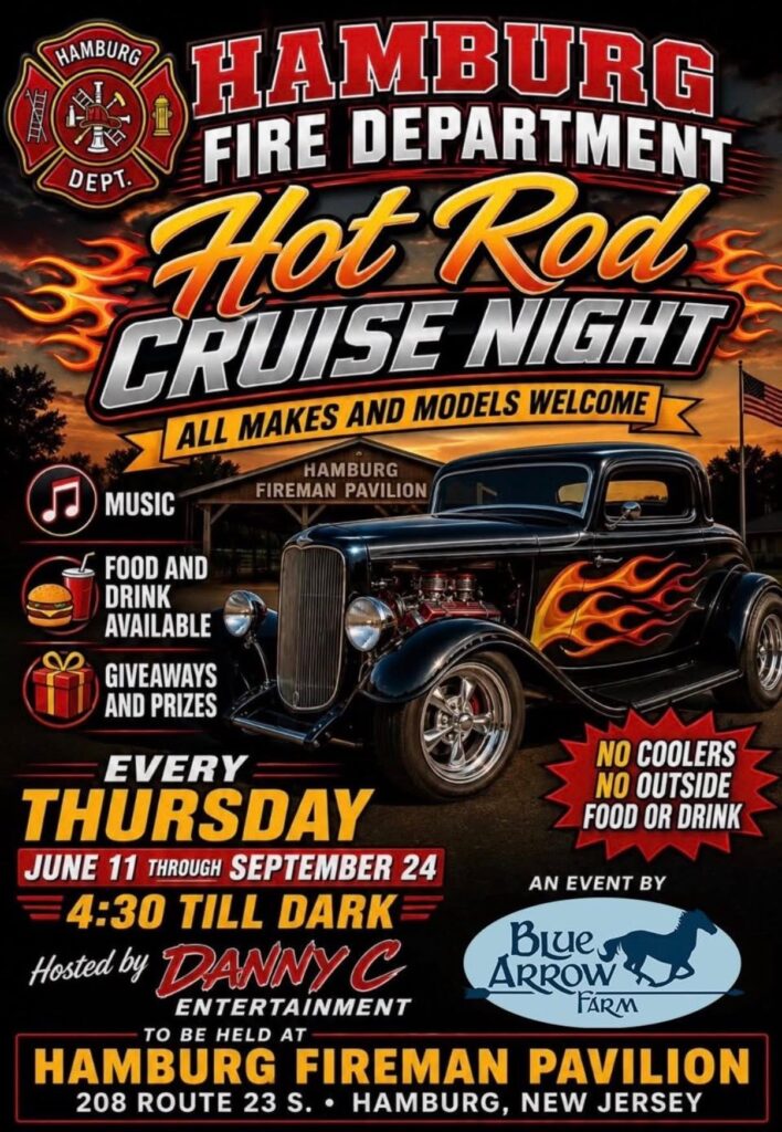 Hamburg Fire Department Hot Rod Cruise Night event at Hamburg Fireman Pavilion in Hamburg, NJ on July 9, 2026