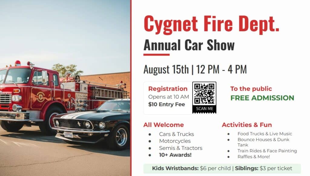 Cygnet Fire Dept. Annual Car Show event at Cygnet Fire Dept. in Cygnet, OH on August 15, 2026